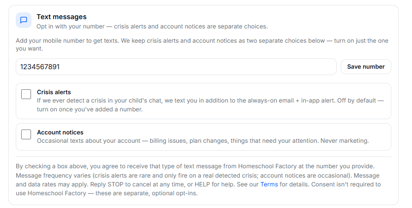 The real opt-in screen at Settings → Notifications → Text messages: a phone number field and two UNCHECKED consent checkboxes, 'Crisis alerts' and 'Account notices', with the consent text describing what each does.